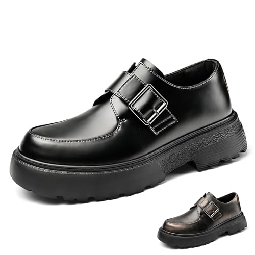 Men's Leather Monk Strap Platform Chunky Heel Loafers Retro Classic Round Toe Heightening Non Slip Lug Sole Slip on Business