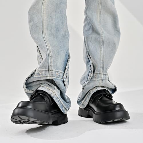Men's Leather Monk Strap Platform Chunky Heel Loafers Retro Classic Round Toe Heightening Non Slip Lug Sole Slip on Business