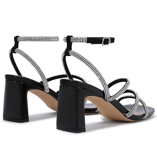 Womens Rhinestone Sandals Ankle Strap Square Toe Dressy Heels Shoes for Party Wedding Dressy Dating