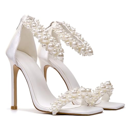 Women's Pearl Stiletto Heels Sandals Sexy Open Square Toe sparkly Ankle Back Zipper bridal Satin Wedding Party Dressy heels