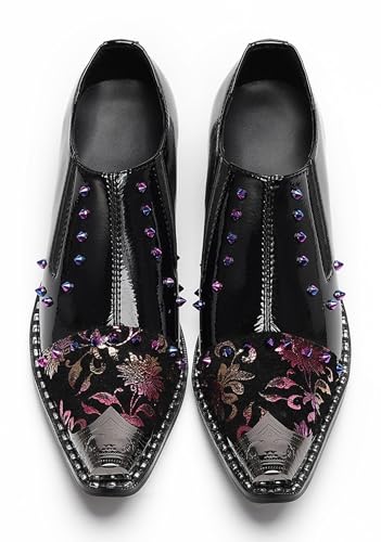 Men’s Patent Leather Floral‐Studded Dress Loafers – Pointed Toe Slip-On Cuban Heel Shoes for Wedding, Prom, Party, Stage &