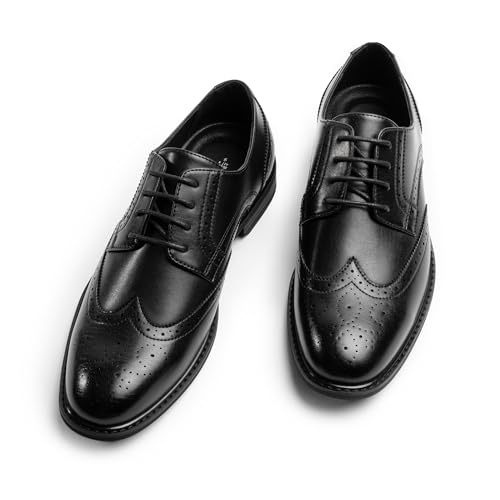 Mens Classic Dress Oxfords, Wingtip Prince Modern Formal Lace Up Shoes, Round Toe, TPR Outsole