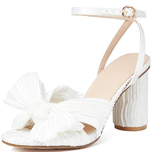 Women's Bow Knot Heeled Sandals Pleated Open Toe Ankle Strap Chunky Heels for Bride Wedding