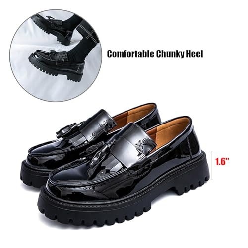Tassel Loafers for Men's Patent Leather Platform Dress Shoes Chunky Block Heel Heighten Non-Slip Lug Sole Slip On Big Toe Formal