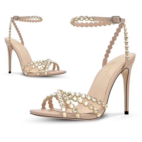 Rhinestone High Heels Stiletos Heels for Women Strappy Buckle Heels Round Toe Sexy Dressy Pumps Sandals