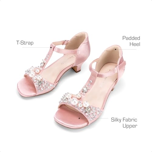 Girls Sandals Ankle Strap T-Strap Low Heel Pearl Bow Flower Pump Dress Wedding Party Shoes for Little Kid/Big Kid