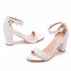 3.75 Inches Ankle Strap Block Heel Sandals WomenThick Chunky Heels Open Toe White Lace Bridal Wedding Sandals Shoes