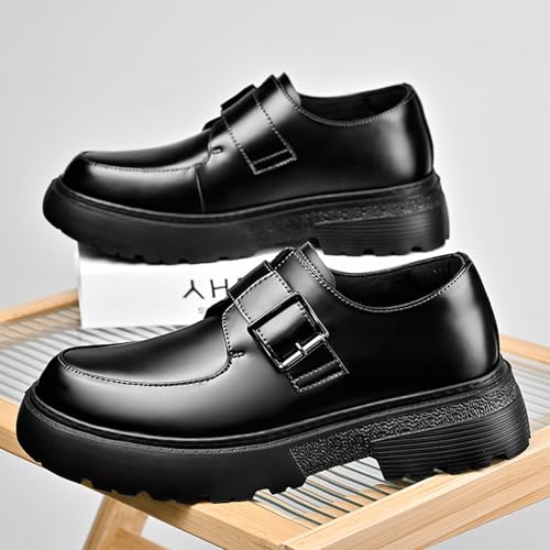 Men's Leather Monk Strap Platform Chunky Heel Loafers Retro Classic Round Toe Heightening Non Slip Lug Sole Slip on Business