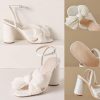 Women's Bow Knot Heeled Sandals Pleated Open Toe Ankle Strap Chunky Heels for Bride Wedding