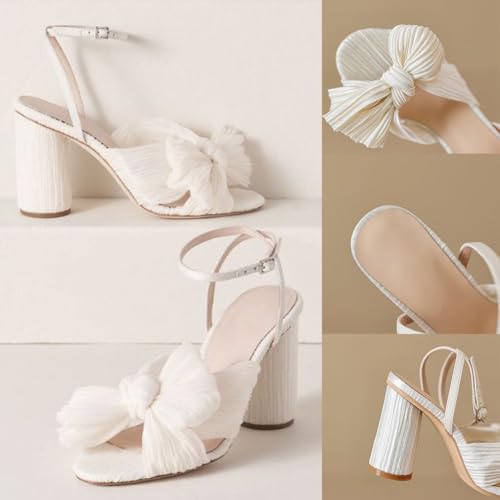 Women's Bow Knot Heeled Sandals Pleated Open Toe Ankle Strap Chunky Heels for Bride Wedding