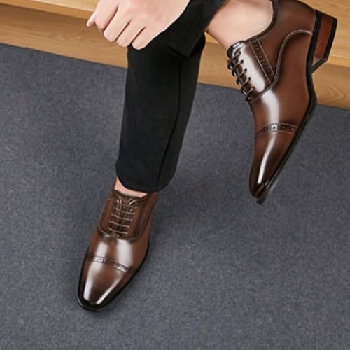 Mens Dress Oxford Formal Shoes Lace-up Casual Pointed Toe Patent Leather Anti-slip Non Slip Rubber Sole Block Heel Low Top