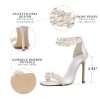 Women's Pearl Stiletto Heels Sandals Sexy Open Square Toe sparkly Ankle Back Zipper bridal Satin Wedding Party Dressy heels