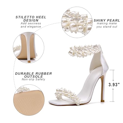 Women's Pearl Stiletto Heels Sandals Sexy Open Square Toe sparkly Ankle Back Zipper bridal Satin Wedding Party Dressy heels