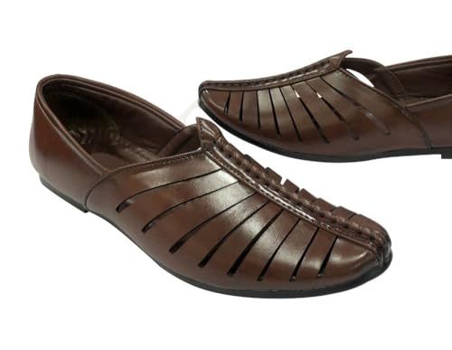 Punjabi Jutti for Mens Breathable Brown Fashion Loafers Sherwani Shoes Indian Flat Ethnic