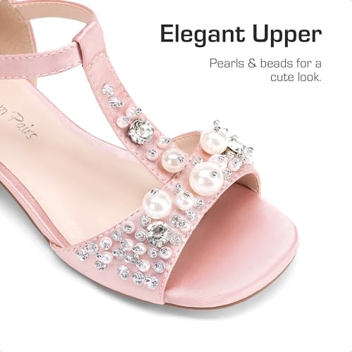 Girls Sandals Ankle Strap T-Strap Low Heel Pearl Bow Flower Pump Dress Wedding Party Shoes for Little Kid/Big Kid