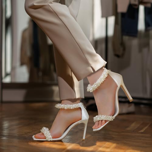 Women's Pearl Stiletto Heels Sandals Sexy Open Square Toe sparkly Ankle Back Zipper bridal Satin Wedding Party Dressy heels