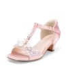 Girls Sandals Ankle Strap T-Strap Low Heel Pearl Bow Flower Pump Dress Wedding Party Shoes for Little Kid/Big Kid