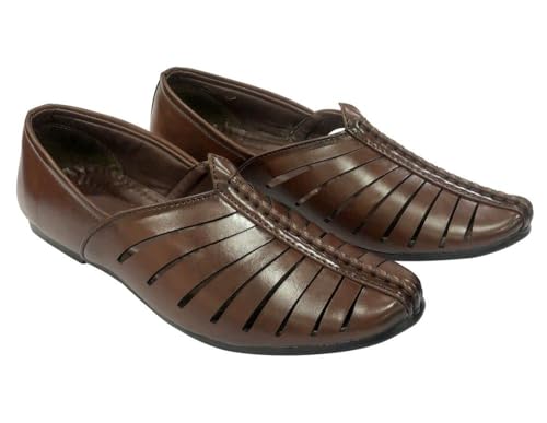 Punjabi Jutti for Mens Breathable Brown Fashion Loafers Sherwani Shoes Indian Flat Ethnic