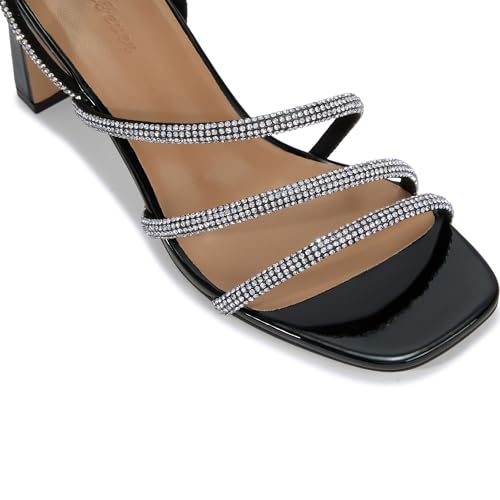 Womens Rhinestone Sandals Ankle Strap Square Toe Dressy Heels Shoes for Party Wedding Dressy Dating
