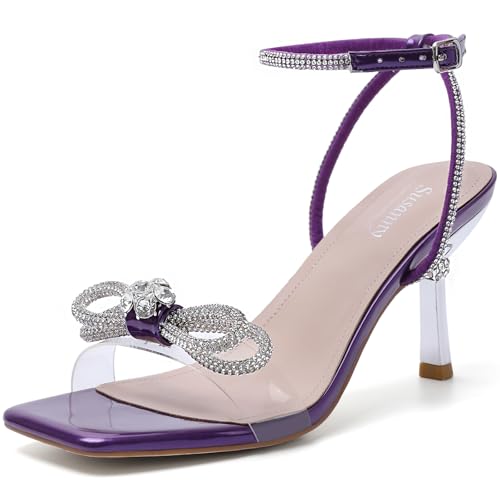 Women's Closed Toe Rhinstone Wedding Low Heel Slingback Clear Kitten Heels,Adjustable Strap Pointed Toe Bow Pumps High Heeled