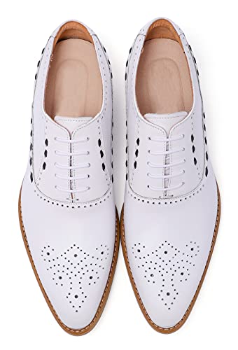 Mens White Oxfords Formal Dress Shoes - Genuine Leather Classic Round Toe Wingtip Brogue Lace Up Derby Shoes for Wedding