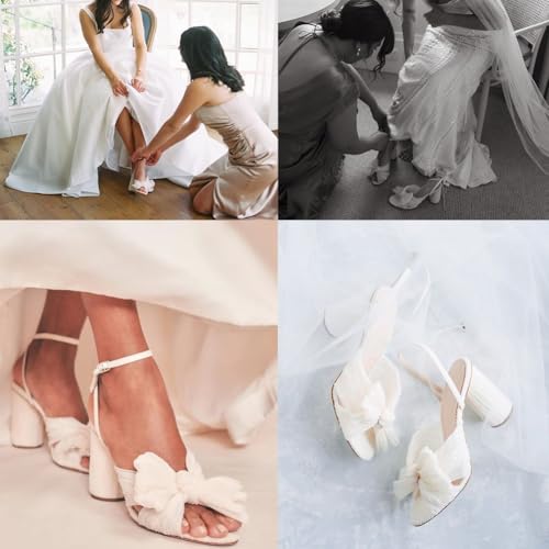 Women's Bow Knot Heeled Sandals Pleated Open Toe Ankle Strap Chunky Heels for Bride Wedding