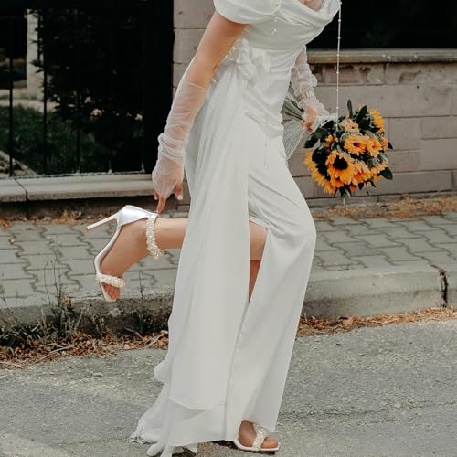 Women's Pearl Stiletto Heels Sandals Sexy Open Square Toe sparkly Ankle Back Zipper bridal Satin Wedding Party Dressy heels