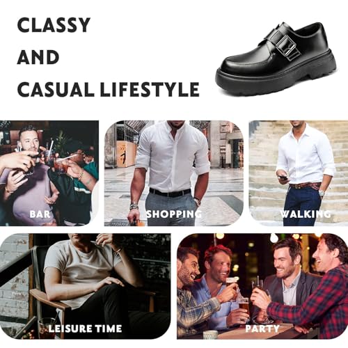 Men's Leather Monk Strap Platform Chunky Heel Loafers Retro Classic Round Toe Heightening Non Slip Lug Sole Slip on Business