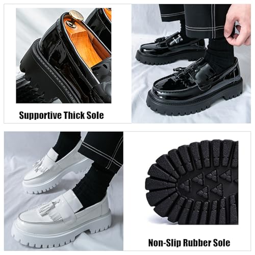 Tassel Loafers for Men's Patent Leather Platform Dress Shoes Chunky Block Heel Heighten Non-Slip Lug Sole Slip On Big Toe Formal