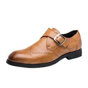 Hollow Monk Dress Shoes for Men Business Prom Block Heel Shoe for Business Office Party Wedding Plain Toe Slip On Leather