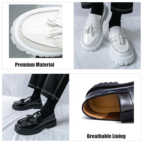 Tassel Loafers for Men's Patent Leather Platform Dress Shoes Chunky Block Heel Heighten Non-Slip Lug Sole Slip On Big Toe Formal