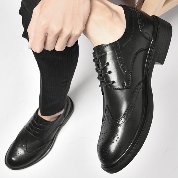 Dress Formal Shoes for Mens Lace-up Cap Toe Design Wedding Non Slip Low Top Block Heel Height Increasing Shoe Vegan Leather