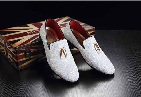 Mens Smoking Glitter Slipper, Luxury Penny Slip-On Classic Party Wedding Tuxedo Loafers Sparkle Dress Shoes
