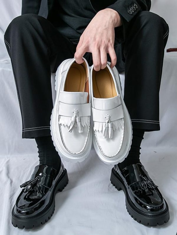 Tassel Loafers for Men's Patent Leather Platform Dress Shoes Chunky Block Heel Heighten Non-Slip Lug Sole Slip On Big Toe Formal