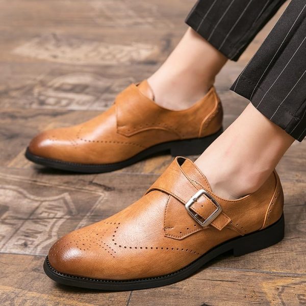 Hollow Monk Dress Shoes for Men Business Prom Block Heel Shoe for Business Office Party Wedding Plain Toe Slip On Leather