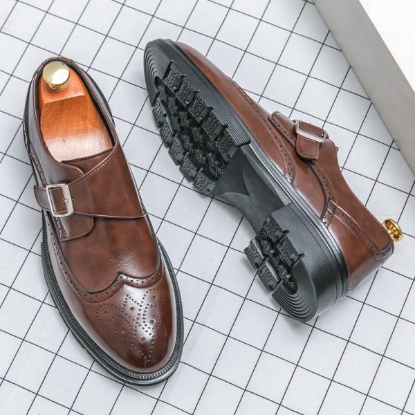 Monk Brogue Dress Formal Shoes for Men Tuxedo Business Slip On Breathable Business Tuxedo Wedding Block Heel Formal Synthetic