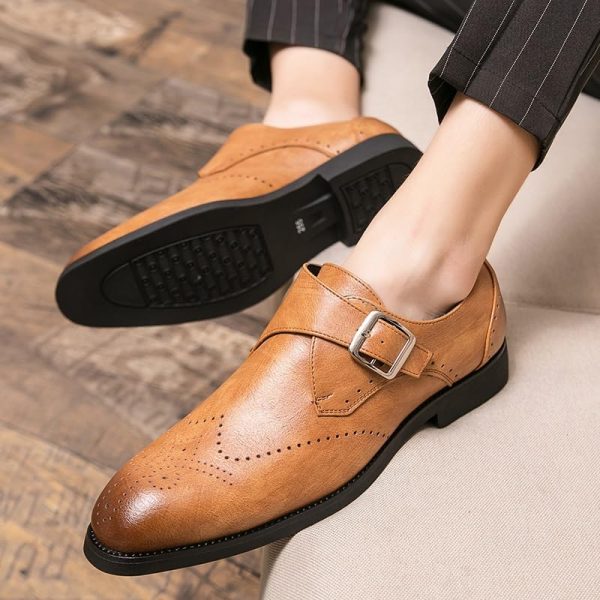 Hollow Monk Dress Shoes for Men Business Prom Block Heel Shoe for Business Office Party Wedding Plain Toe Slip On Leather