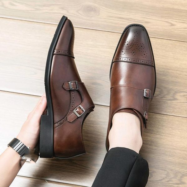 Double Monk Oxford Dress Shoes for Mens Classic Evening Slip On Business Tuxedo Wedding Non Slip Block Heel Anti-Slip Slip